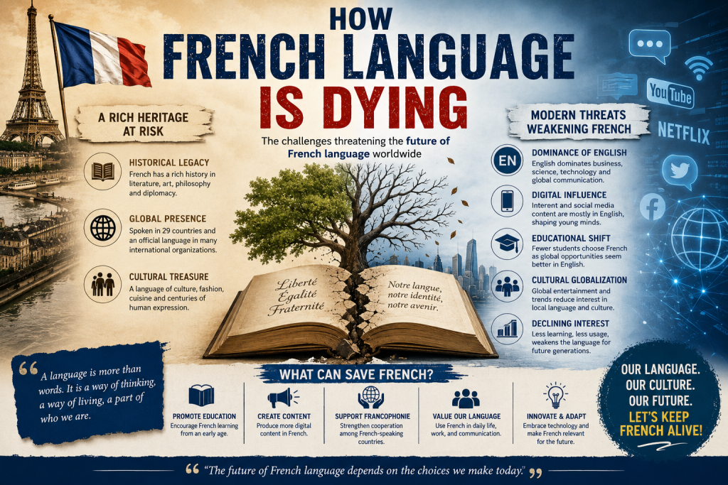 Infographic illustrating the decline of the French language, featuring the Eiffel Tower, French cultural heritage, digital media influences, and challenges affecting the future of French language worldwide.