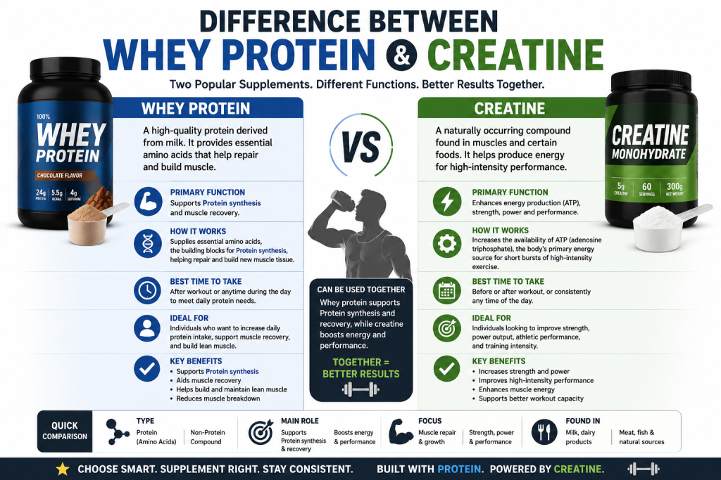 Infographic showing the difference between whey protein and creatine, explaining Protein synthesis, muscle recovery, energy production, strength gains, and fitness benefits.