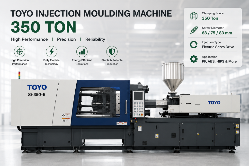 Toyo 350 Ton injection moulding machine for precision plastic manufacturing using PP, ABS and HIPS raw materials.