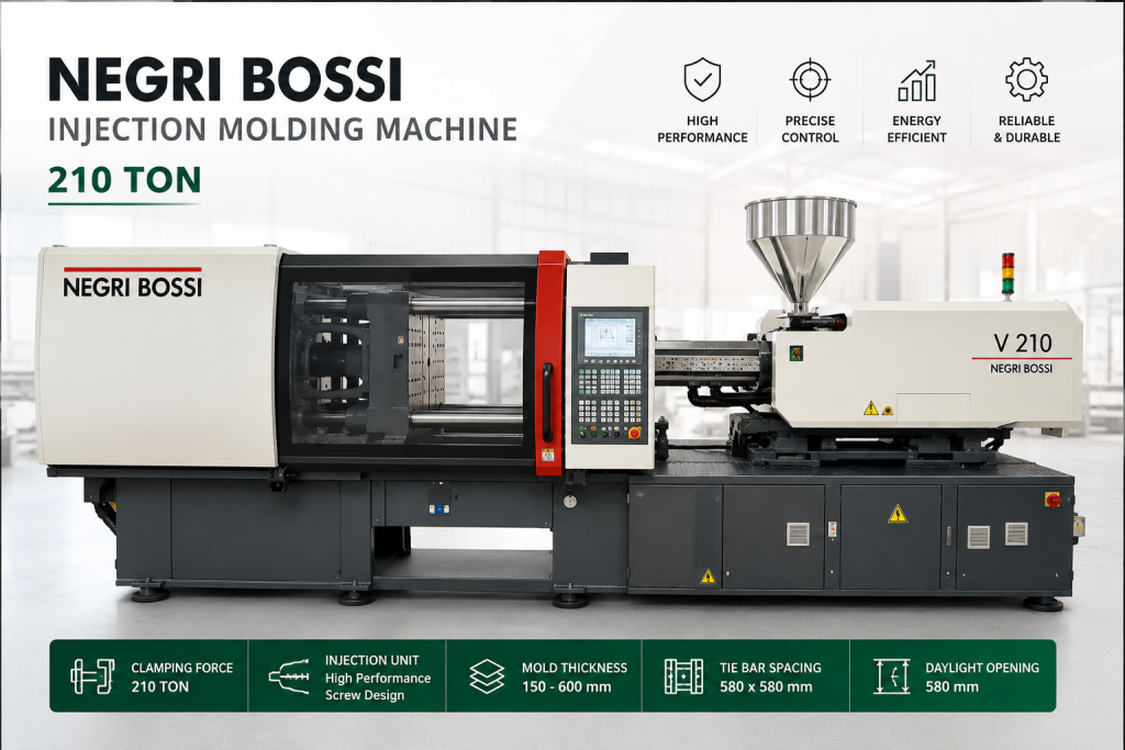 NEGRI BOSSI 210 Ton injection molding machine for plastic manufacturing and industrial production.
