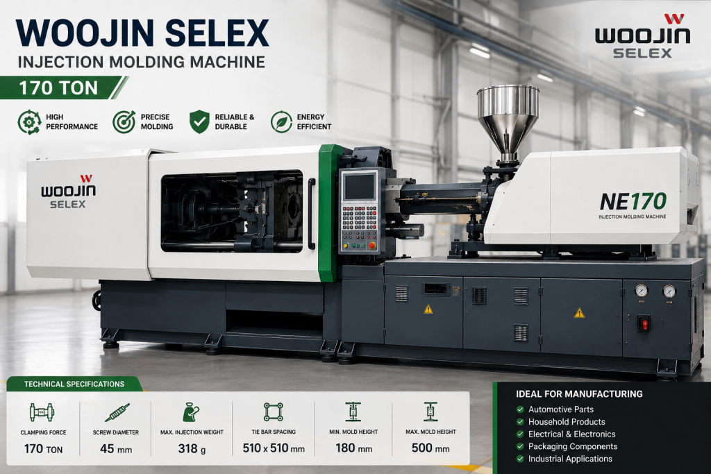 Woojin Selex 170 Ton injection molding machine for precision plastic manufacturing and industrial production.