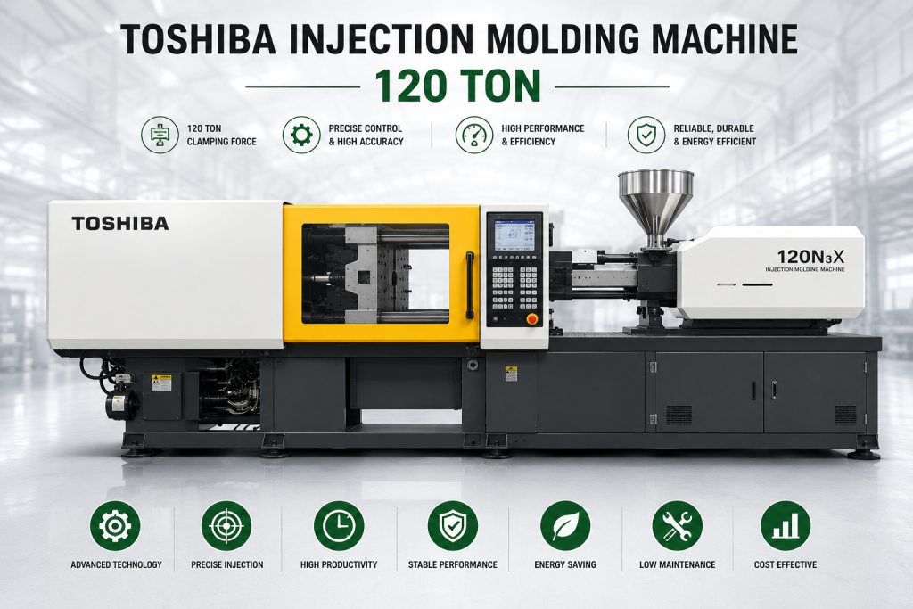 Toshiba 120 Ton Injection Molding Machine for precision plastic manufacturing and injection molding.