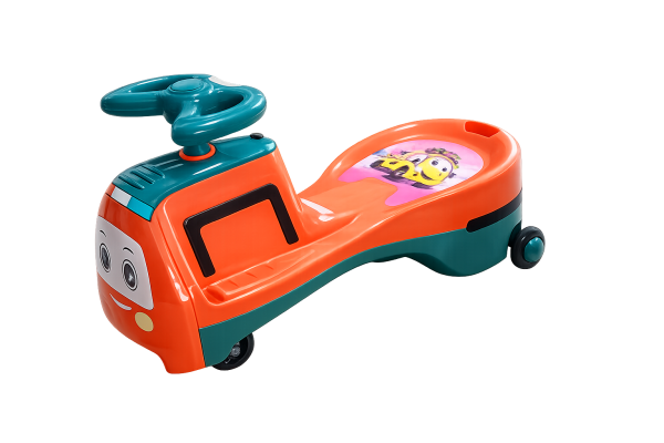 Orange and teal Swing Car for kids with steering wheel, comfortable seat and durable plastic body.